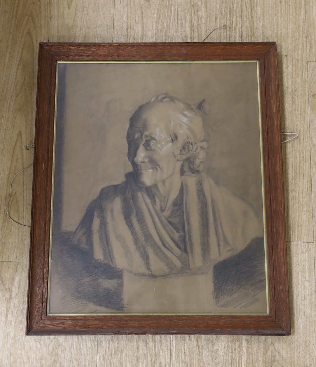 19th century English School, charcoal and chalk on brown paper, Study of a marble bust, 65 x 54cm